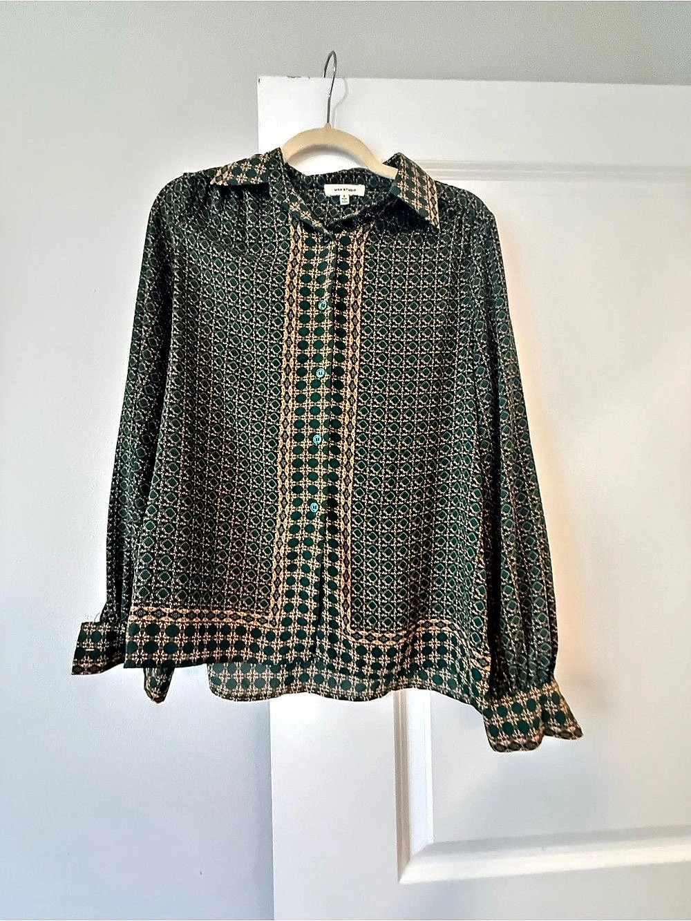 Max Studio Geometric Button Down Blouse in Green & Brown
